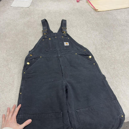 Vintage y2k Carhartt dungarees loose leg faded black Canvas quilt lined bib & brace overalls