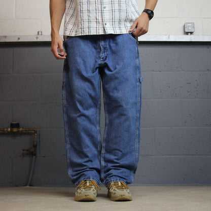 Vintage denim carpenter jeans y2k W44L29 blue Key workwear skater style cargos loose utility pockets