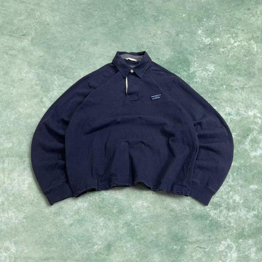 Boxy crop rugby polo shirt long sleeve navy L.L.Bean button up pullover rugby style polo