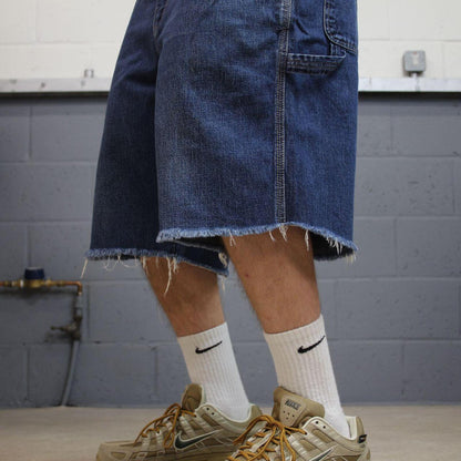 Frayed denim cargo shorts carpenter blue Benzene cut skater style jorts