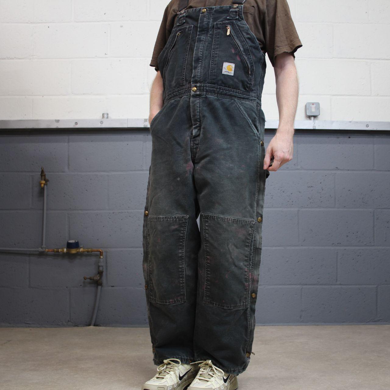 Vintage Carhartt dungarees faded black overalls Quilted bib & brace utility workwear