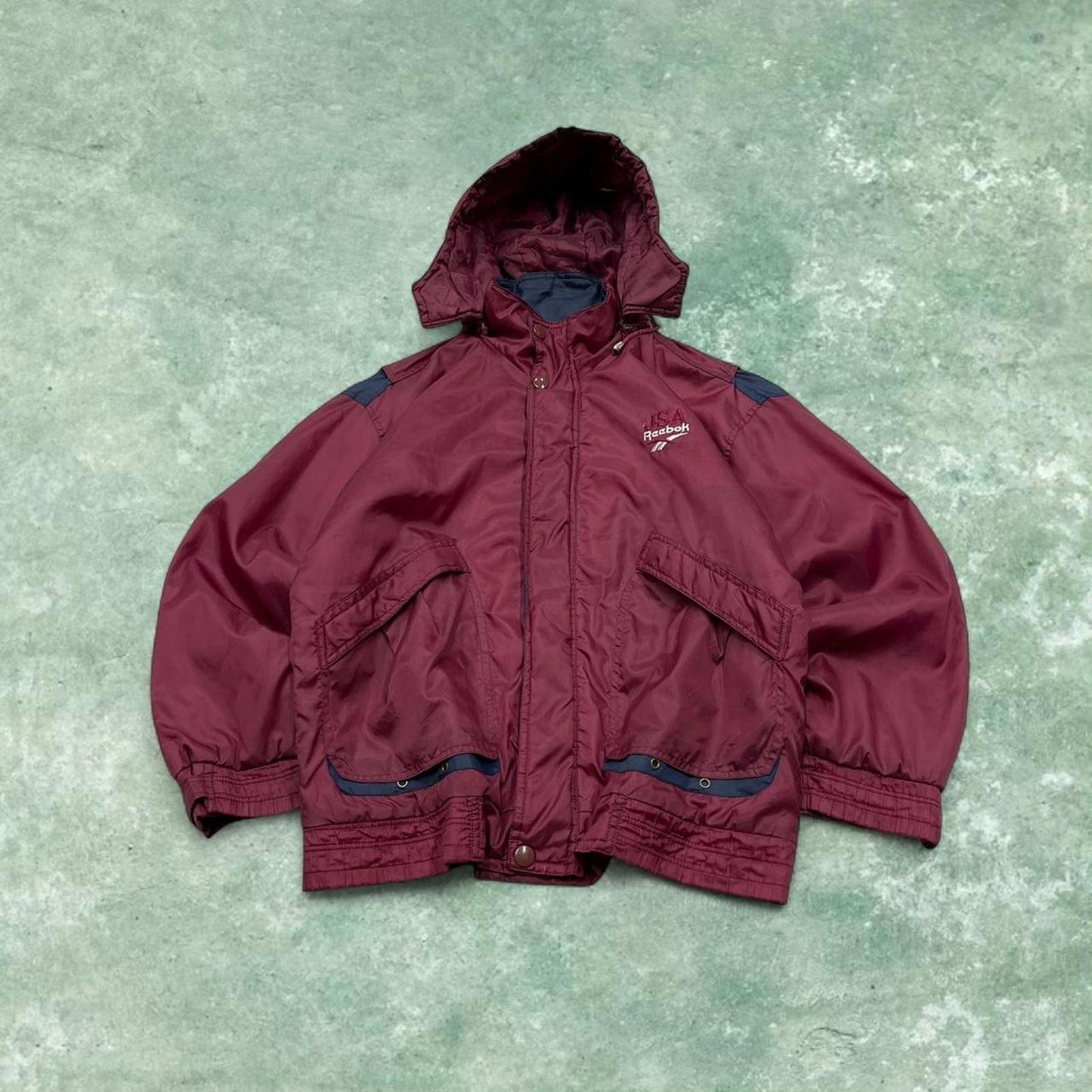 Vintage y2k technical windbreaker jacket burgundy Boxy embroidered bomber jacket with detailing
