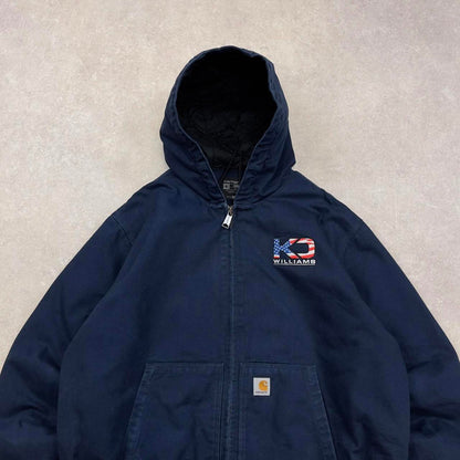 Navy Carhartt hooded active jacket XL canvas quilt lined patch logo active