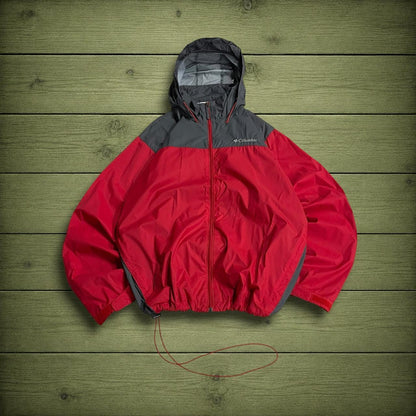 Columbia technical windbreaker jacket packable red grey two tone lightweight packable coat y2k
