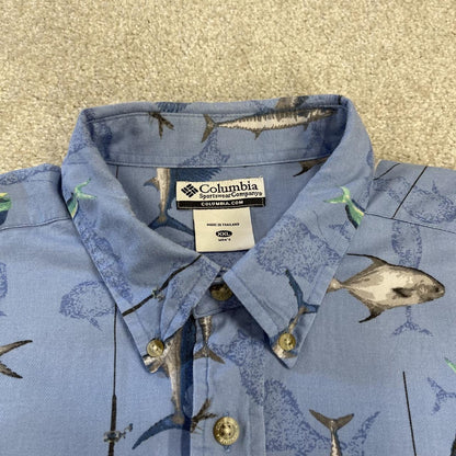 Columbia funky pattern short sleeve shirt y2k blue Festival surf style fishing design summer shirt