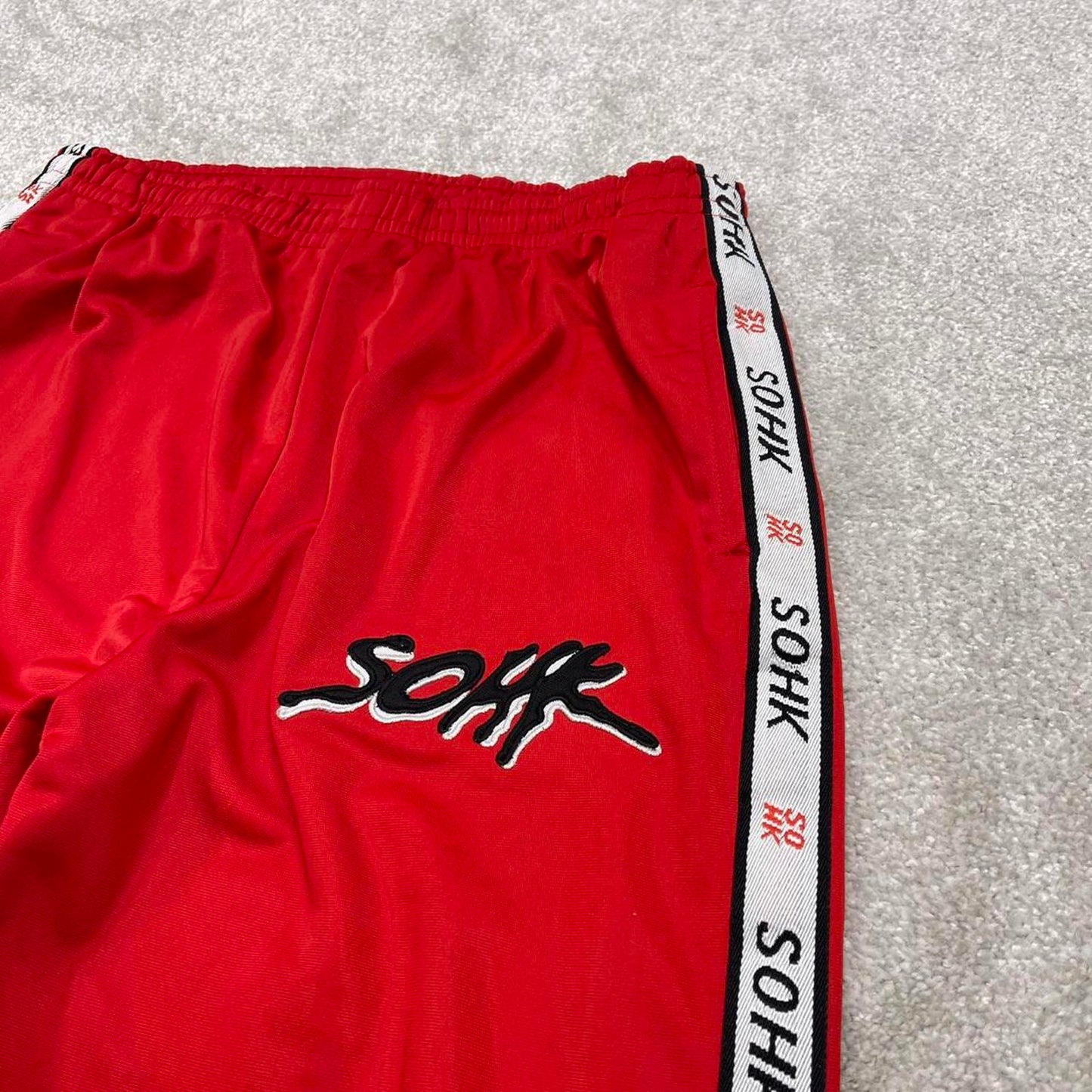 Y2k baggy SOHK embroidered tracksuit bottoms red embroidered logo tape side stripes loose trackies