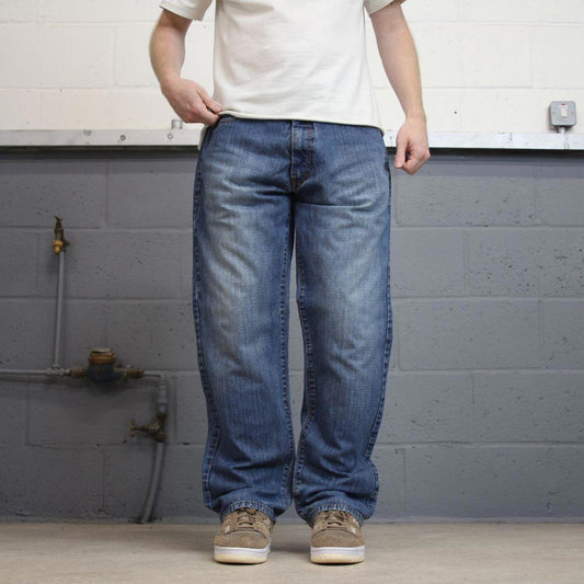 Mens y2k skate jeans Attitude W34 L32 blue loose denim 90s style embroidered design jeans