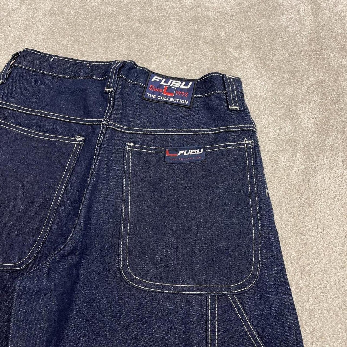 Baggy denim carpenter shorts y2k navy blue Thick denim cargo festival shorts with FUBU details