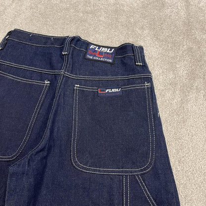 Baggy denim carpenter shorts y2k navy blue Thick denim cargo festival shorts with FUBU details