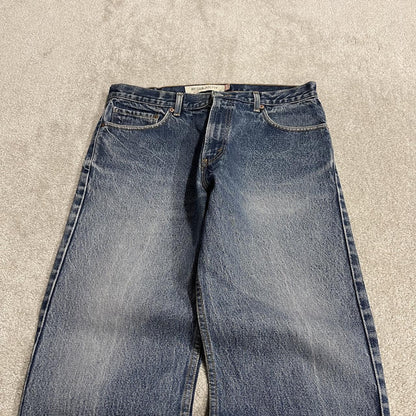 Y2K Levi’s 505 jeans blue starched denim W34L29 100% cotton straight fit 5 pocket belt loops red tab