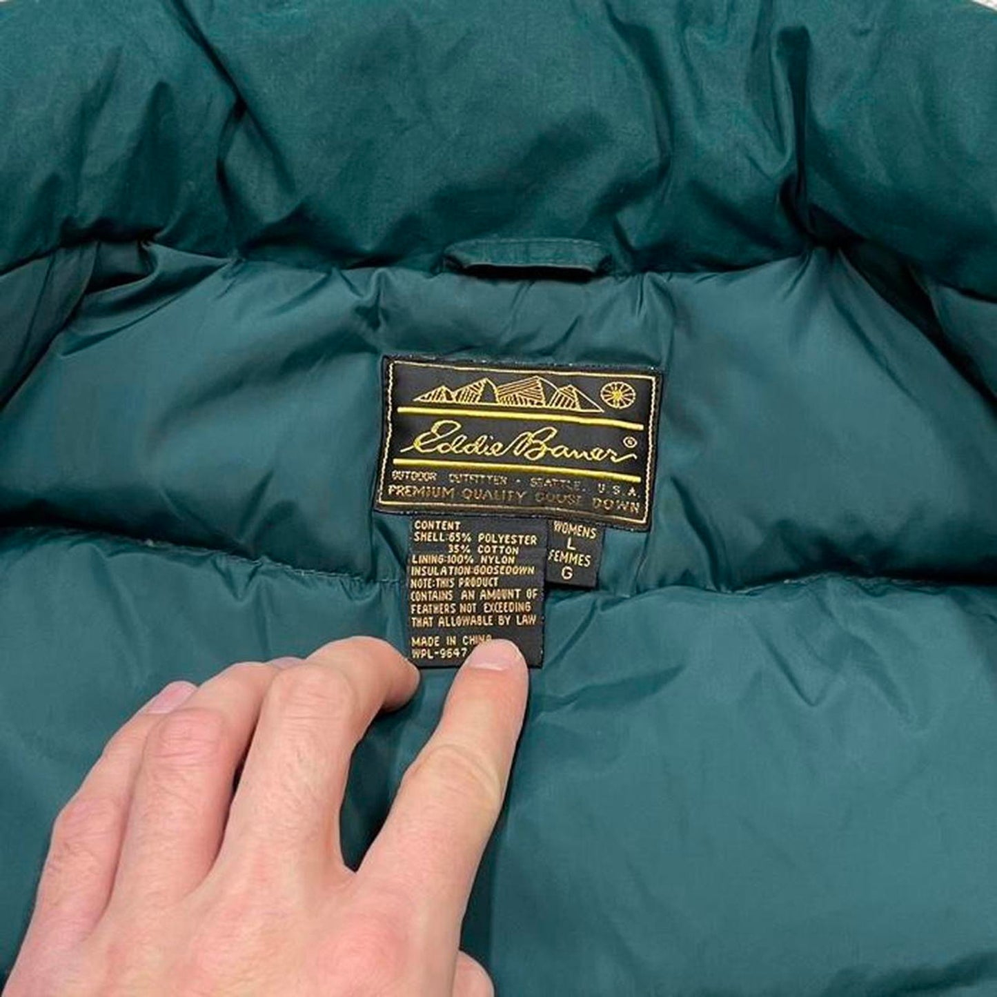 Eddie Bauer technical puffer gilet L women’s green full zip goose down vest outdoors hiking autumn