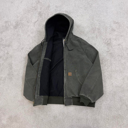 Vintage Green Carhartt hooded active jacket 2XL canvas 90s style skater bomber J25 MOS