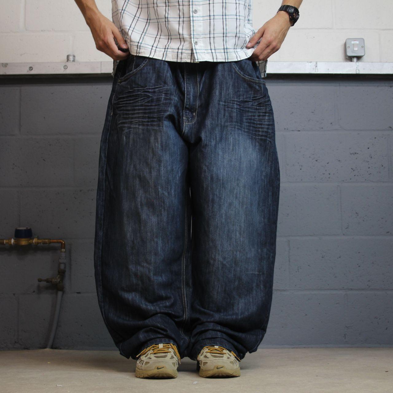 Extra baggy embroidered jeans y2k W48L33 blue Indigo 30 wide leg skater pants, embroidered design