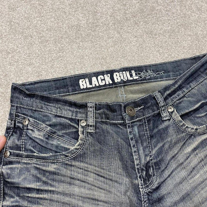 Y2k embroidered denim shorts blue W33 Black Bull summer festival jorts stitch detail