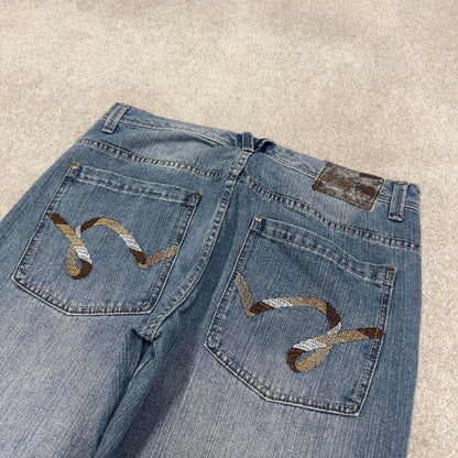 Y2K embroidered skater jeans 5ive Jungle W38L32 90s hip hop style jeans big stitch design