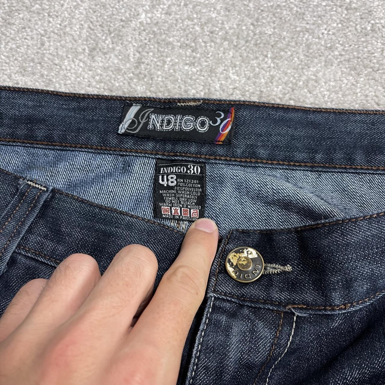 Extra baggy embroidered jeans y2k W48L33 blue Indigo 30 wide leg skater pants, embroidered design