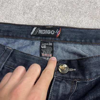 Extra baggy embroidered jeans y2k W48L33 blue Indigo 30 wide leg skater pants, embroidered design
