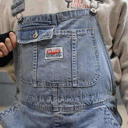 Vintage y2k baggy denim Dungarees loose leg blue Ikeda workwear bib & brace overalls utility