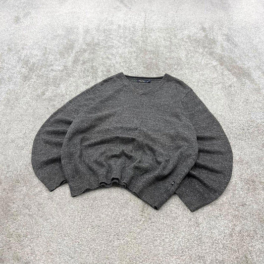 00s Nautica knit sweater jumper embroidered L men's grey knitted pull over y2k 90s style