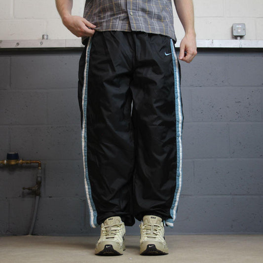 Y2K Nike baggy popper tracksuit bottoms black L swoosh logo side stripe track pants