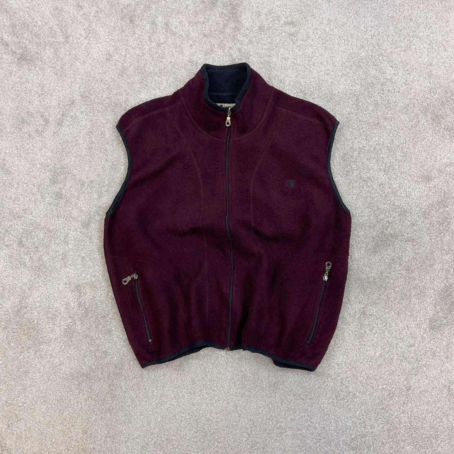 Y2K Champion technical fleece gilet M burgundy men’s zip up embroidered logo outdoors hiking autumn