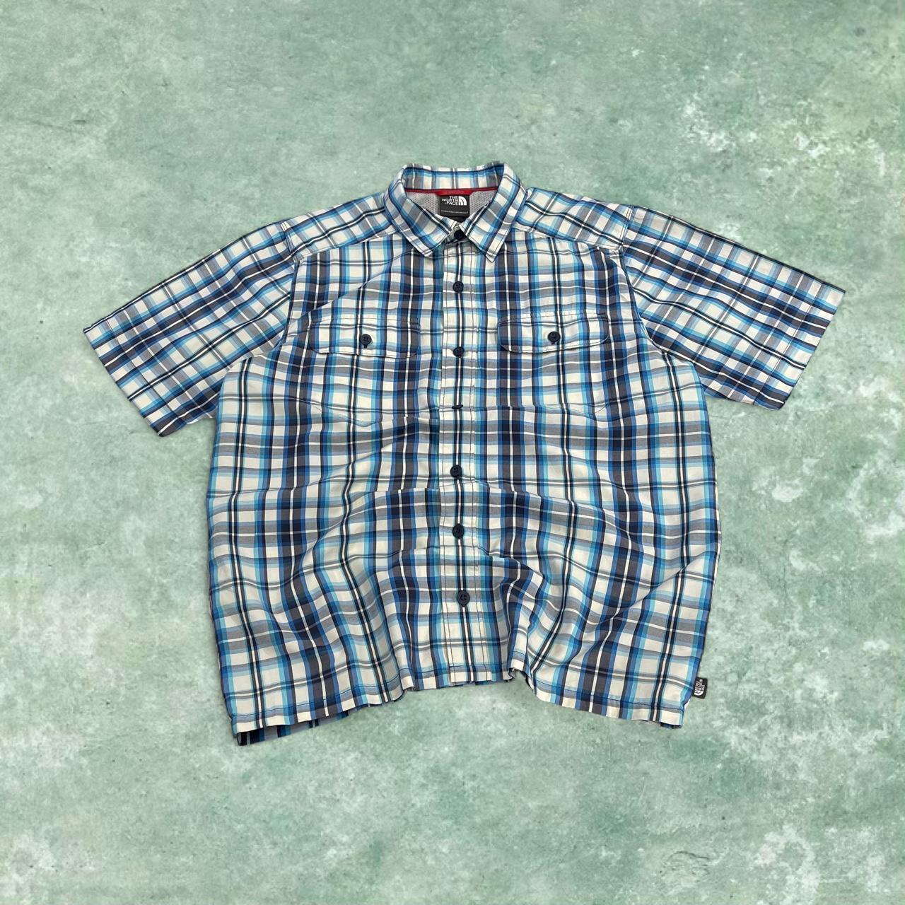 North Face boxy checkered short sleeve shirt blue TNF surf style check shirt style summer festival