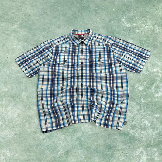 North Face boxy checkered short sleeve shirt blue TNF surf style check shirt style summer festival