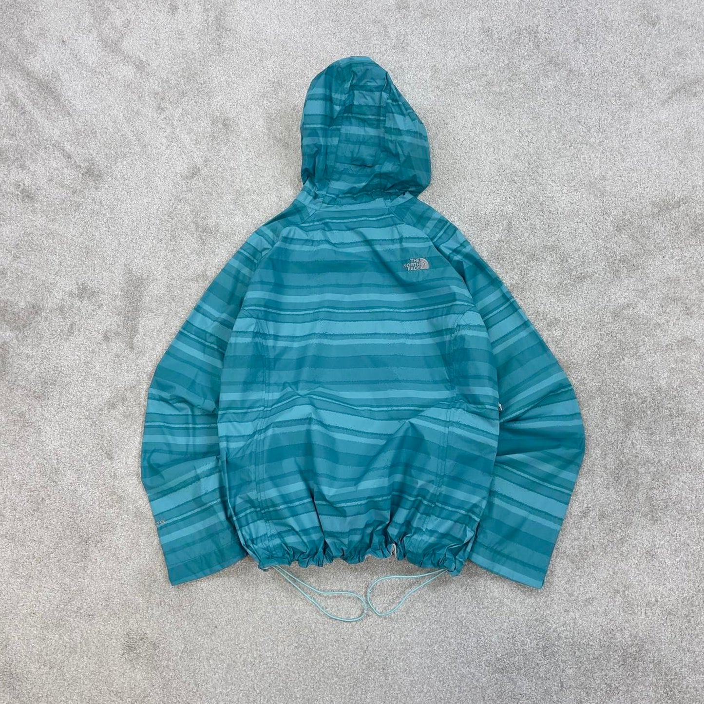 North Face technical jacket XL womens teal blue striped TNF HyVent 2.5L y2k style autumn windbreaker
