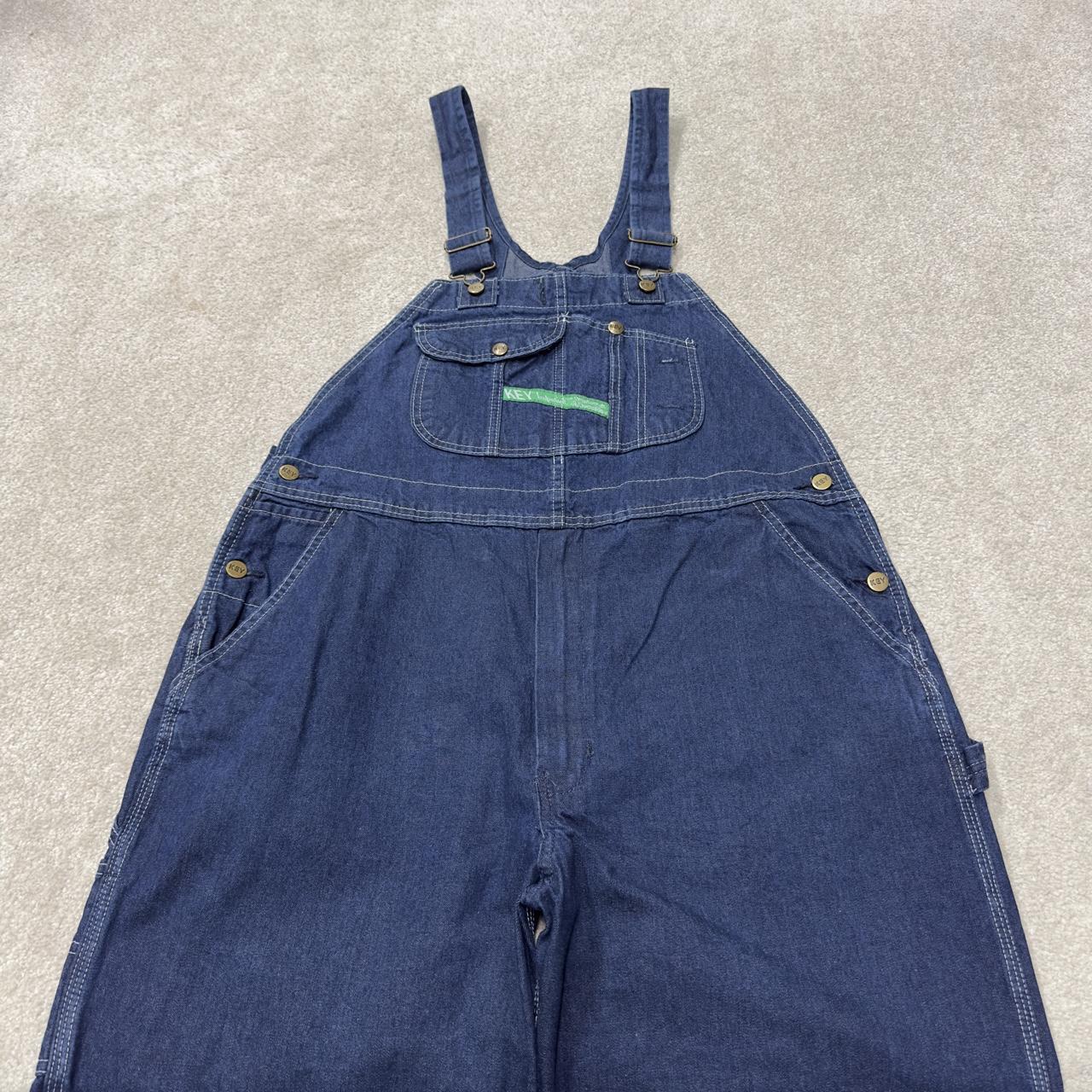 Vintage baggy denim dungarees 00s key overalls blue Patch logo and adjustable straps