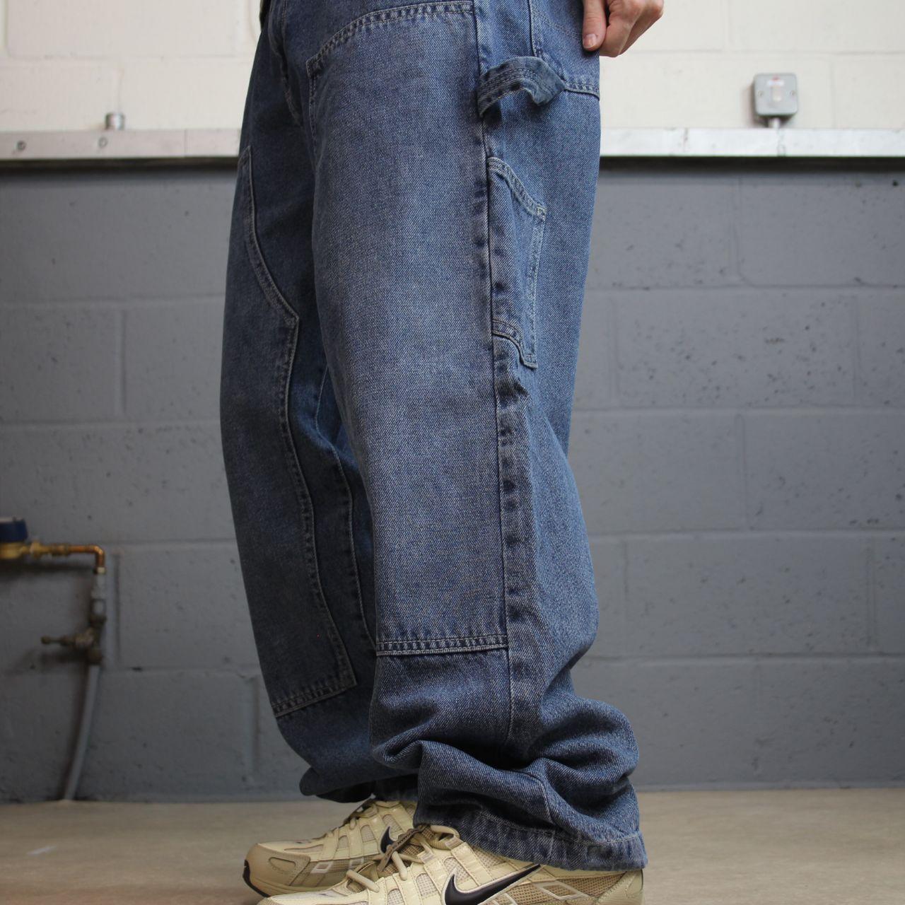 Baggy denim double knee carpenter jeans y2k W34L30 blue Loose thick denim skater cargo pants