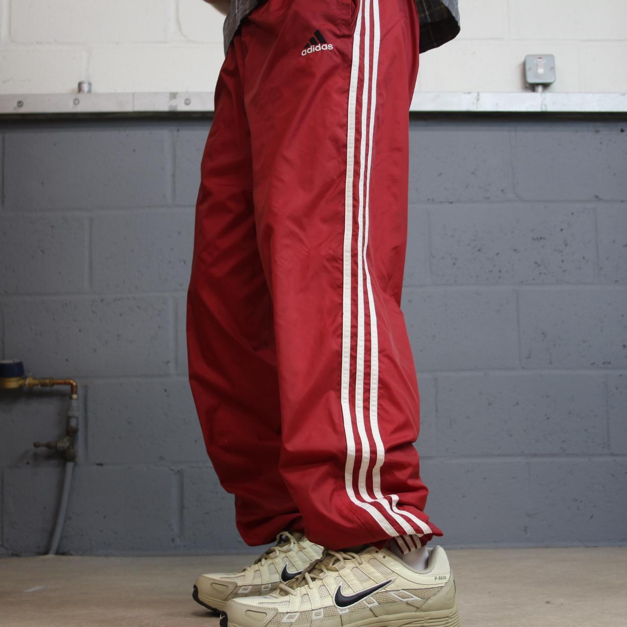 Y2K vintage Adidas tracksuit bottoms red large Loose leg embroidered logo side stripe 2000s style