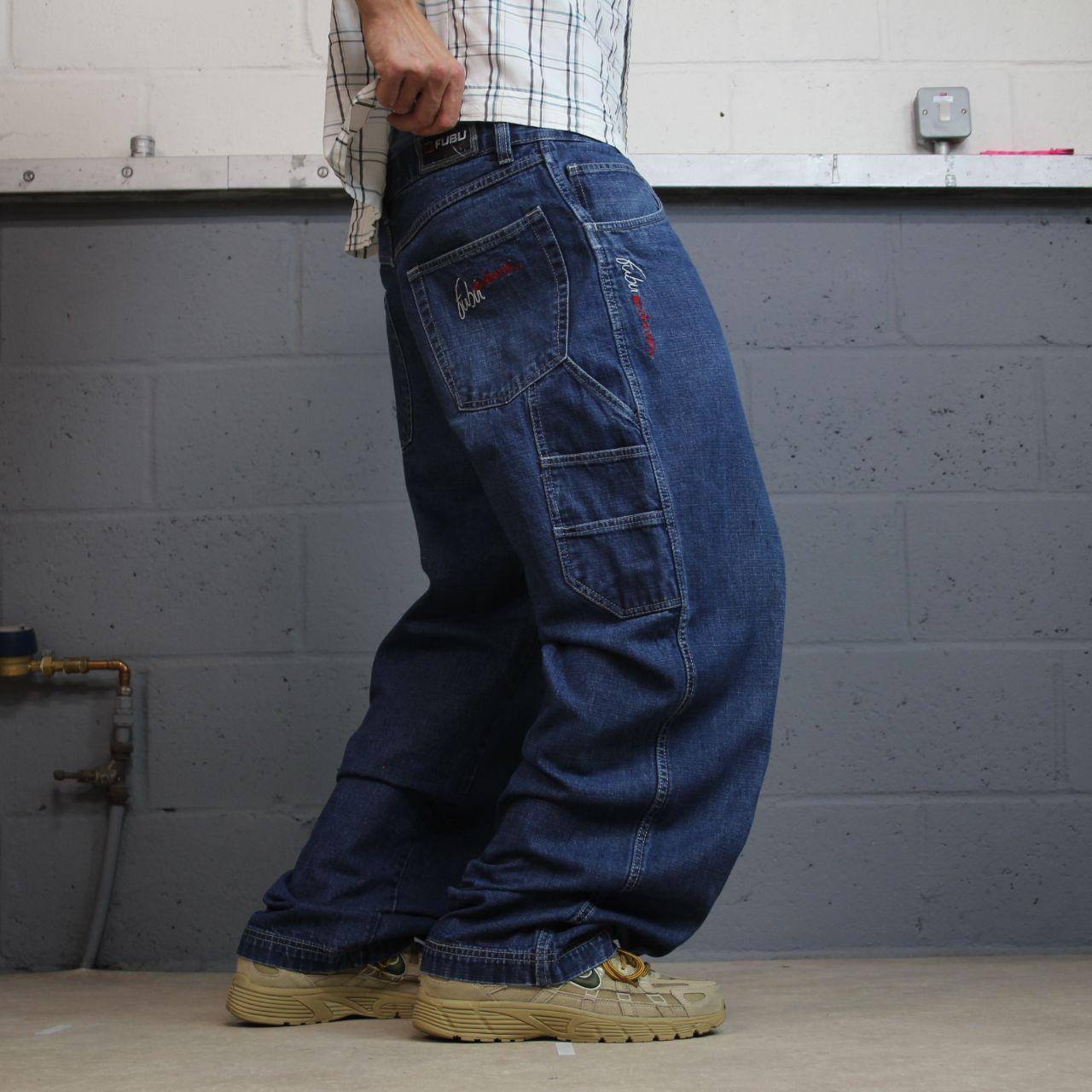 Y2K FUBU baggy carpenter jeans embroidered blue denim Loose wide leg skater surf style cargo jeans
