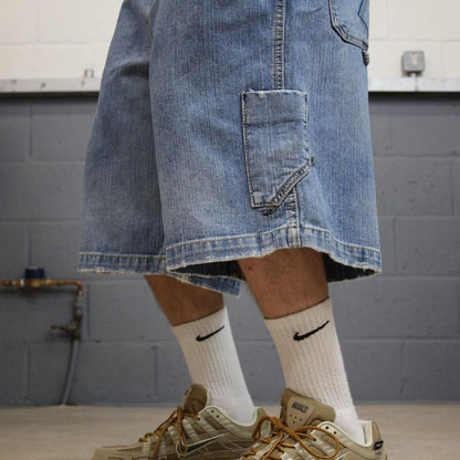 JNCO extra baggy denim shorts carpenter blue Premium embroidered skater style cargo jorts