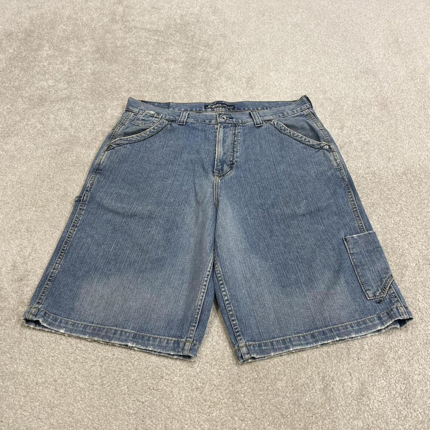 JNCO extra baggy denim shorts carpenter blue Premium embroidered skater style cargo jorts