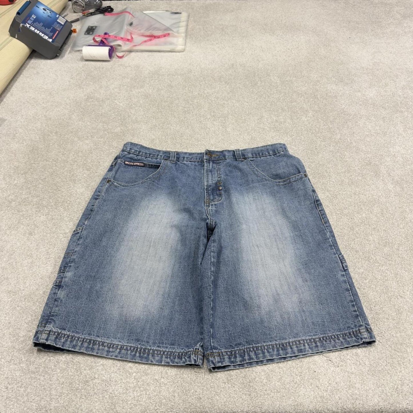 Y2k baggy carpenter shorts skater style blue W40 Brooklyn Xpress long wide leg denim jorts