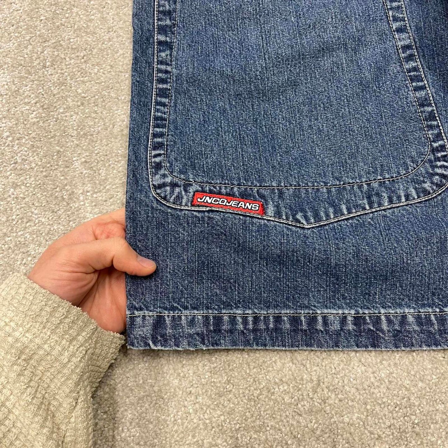 Vintage Y2k JNCO denim shorts wide leg blue Loose deep pocket jorts with flaming aces embroidery
