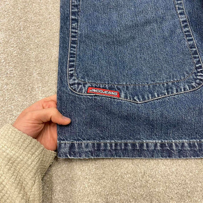 Vintage Y2k JNCO denim shorts wide leg blue Loose deep pocket jorts with flaming aces embroidery