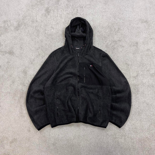 Grey Tommy Hilfiger technical fleece jacket Large y2k style hooded full zip embroidered logo hoodie