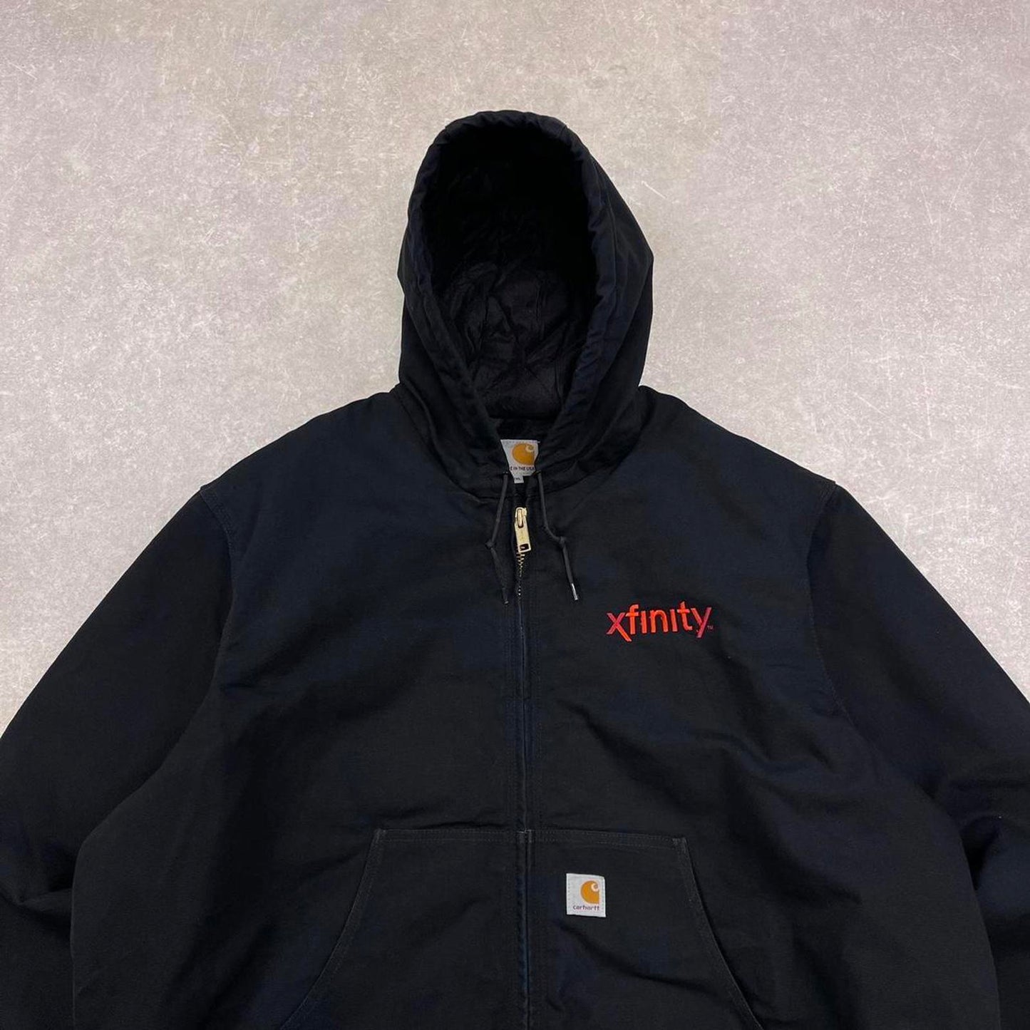 Black Carhartt active jacket 2XL hooded canvas bomber quilt lined USA American
