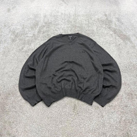 Y2K CHAPS knit sweater jumper grey Embroidered logo cotton v neck cashmere knitted pullover