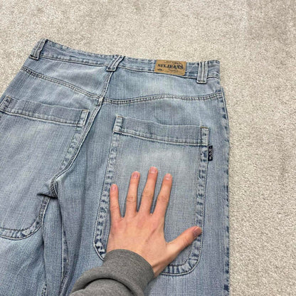 Vintage y2k baggy jeans W34L32 Six Jeans loose wide leg blue denim skater pants deep pocket