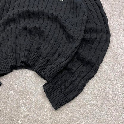Y2K CHAPS cable knit sweater jumper black Embroidered logo v neck knitted pullover
