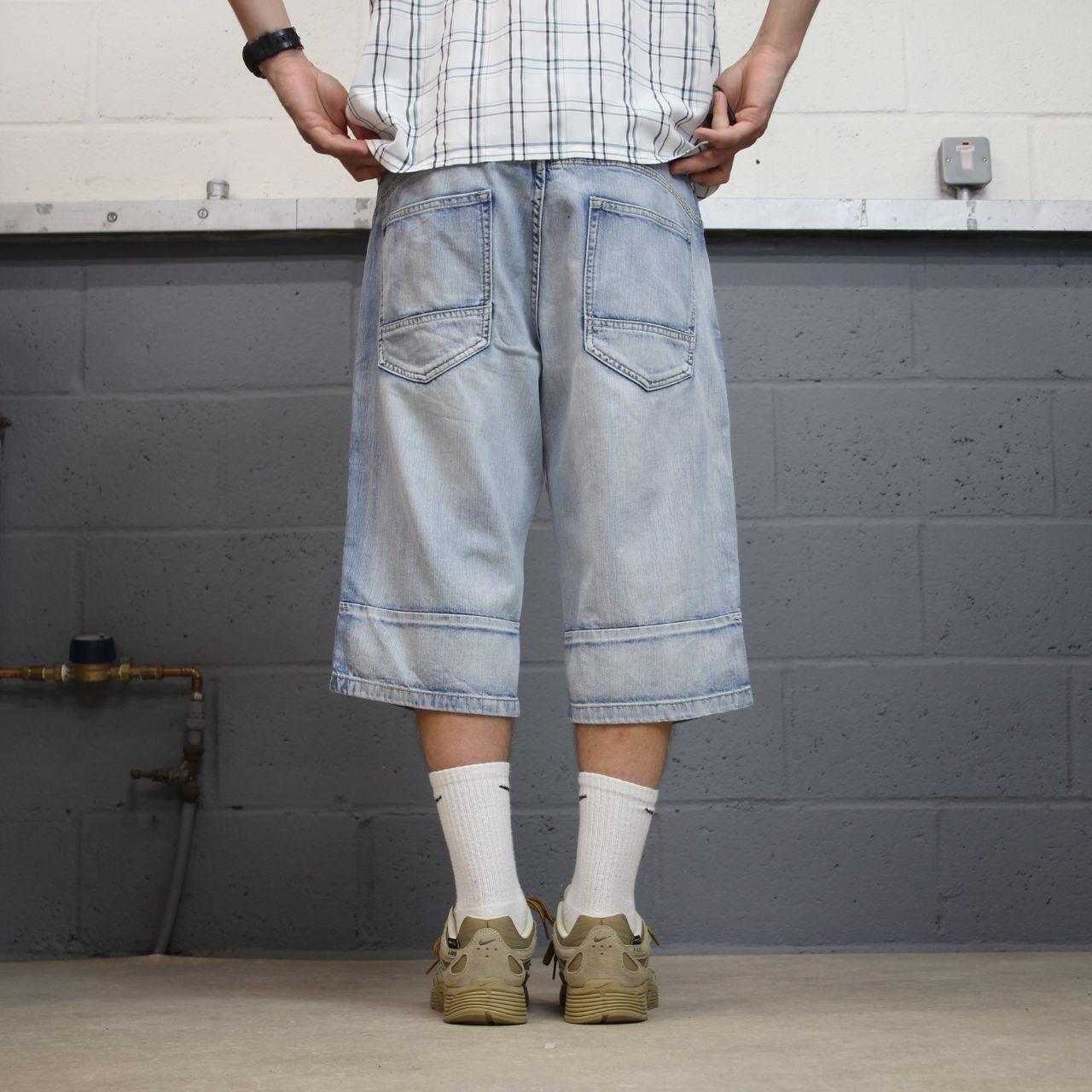 Y2K denim shorts long leg blue Skater style surf jorts