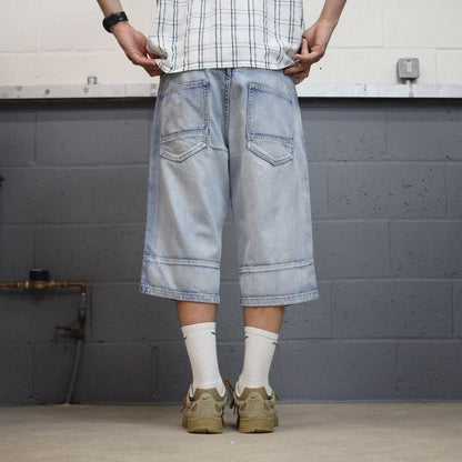Y2K denim shorts long leg blue Skater style surf jorts