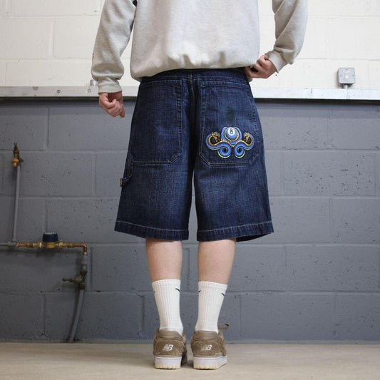 JNCO Y2K serpent 8 ball carpenter shorts skater style blue Loose denim large rear pocket jorts