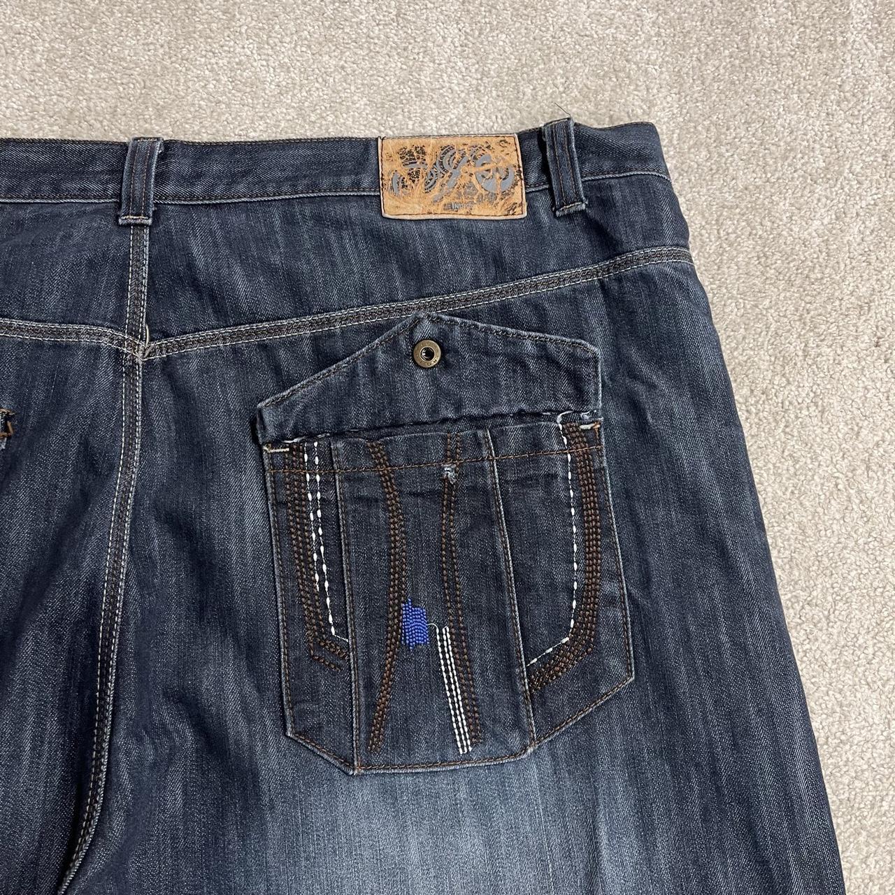 Extra baggy embroidered jeans y2k W48L33 blue Indigo 30 wide leg skater pants, embroidered design