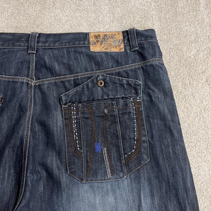 Extra baggy embroidered jeans y2k W48L33 blue Indigo 30 wide leg skater pants, embroidered design
