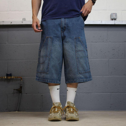 Y2K long baggy denim shorts blue Indigo denim skater style brand surf jorts
