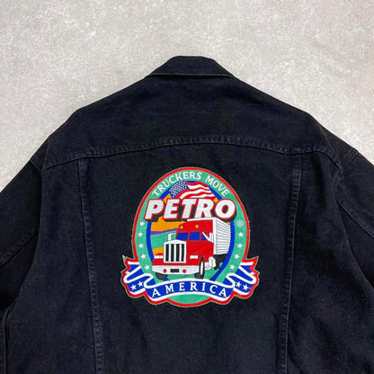 Embroidered denim trucker jacket M black boxy embroidered denim jacket