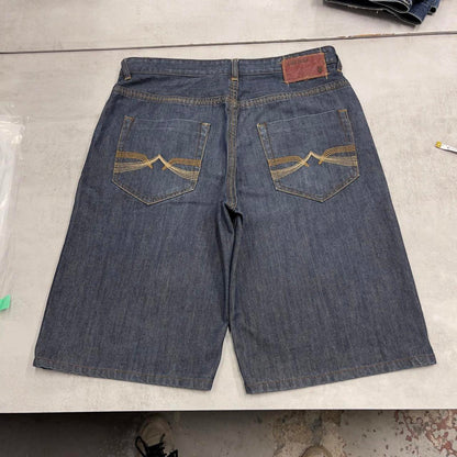 Baggy Ecko Unltd denim shorts W36 blue long wide leg embroidered design skater jorts